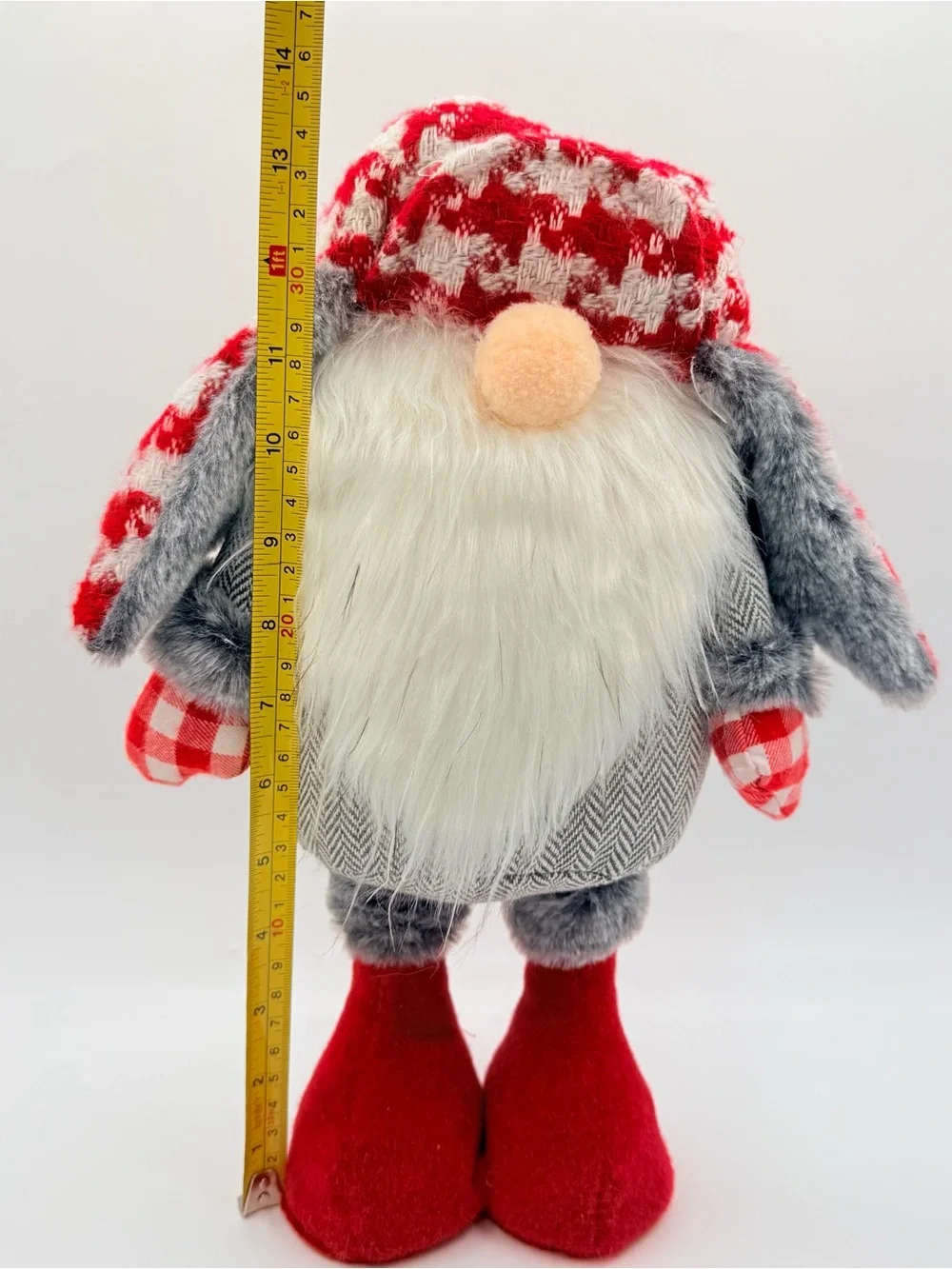 Christmas Gnome Plush Standing Red Gray Buffalo Plaid Nordic Holiday Decor 14”H